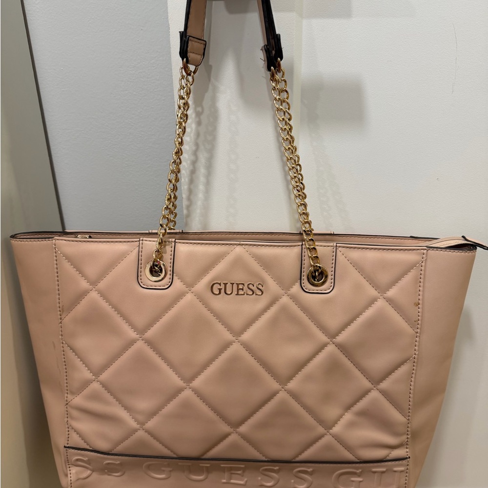 GUESS Quilted Tan Tote Bag with Gold Chain Straps